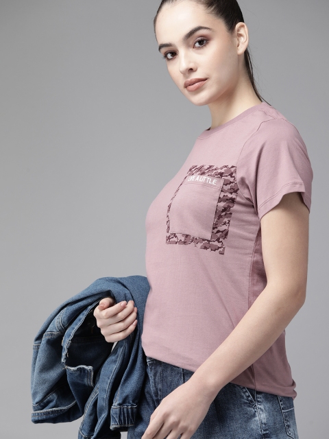 

Roadster Women Mauve Solid Cotton Pocket T-shirt