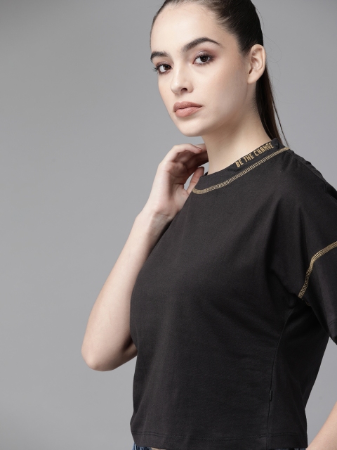 

Roadster Women Black Solid Cotton Embroidered Drop-Shoulder Sleeves T-shirt