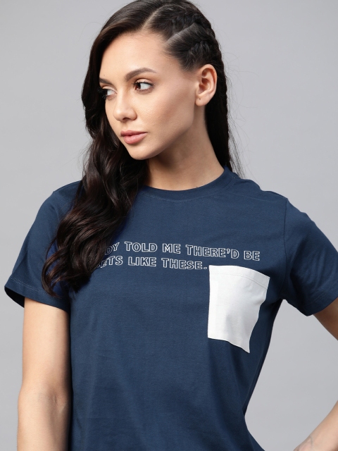 

Roadster Women Navy Blue Typography Printed T-shirt