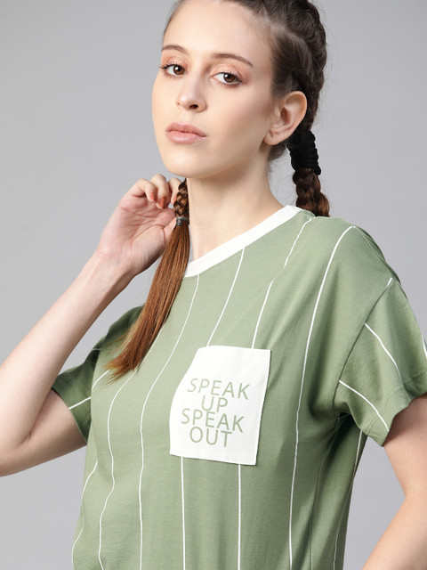 

Roadster Women Green White Striped Pure Cotton Drop-Shoulder Sleeves Pure Cotton T-shirt