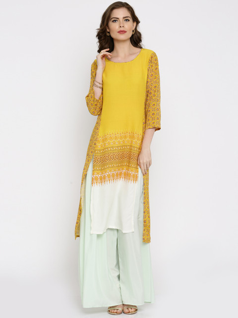 

IMARA Women Mustard Yellow Printed Straight LIVA Kurta