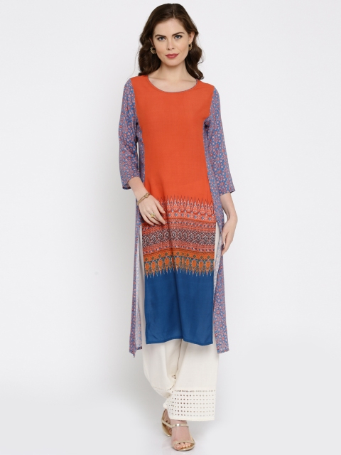 

IMARA Women Orange & Blue Printed LIVA Kurta