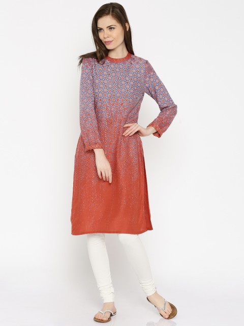 

IMARA Women Rust Orange Printed Straight LIVA Kurta