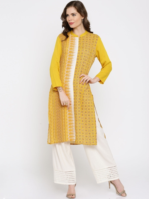 

IMARA Women Yellow Printed Straight LIVA Kurta