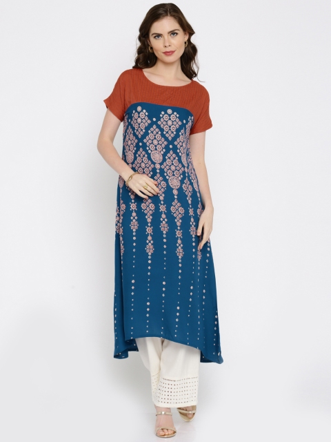 

IMARA Women Teal Blue & Orange Printed A-Line LIVA Kurta