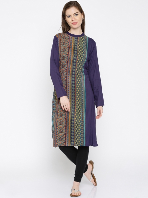

IMARA Women Navy Printed Straight LIVA Kurta, Navy blue