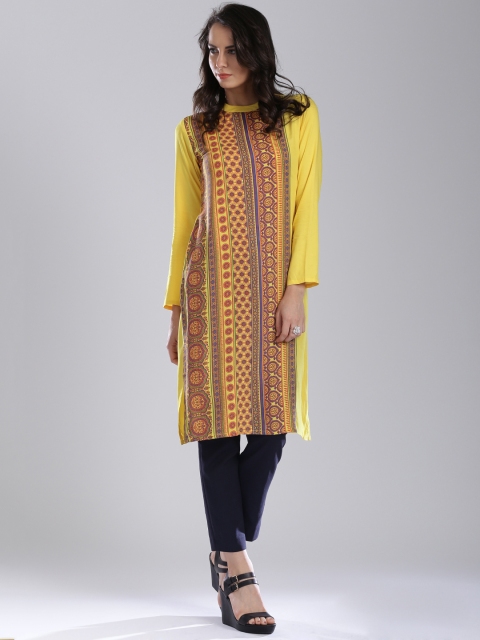 

IMARA Women Yellow Printed Straight LIVA Kurta
