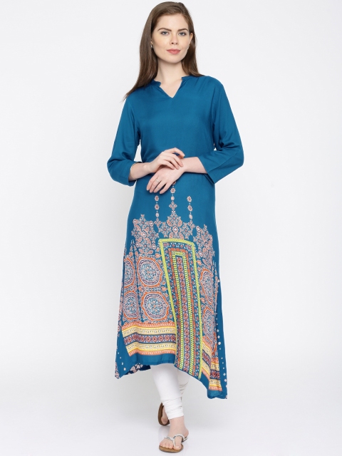 

IMARA Women Teal Blue Printed A-Line LIVA Kurta