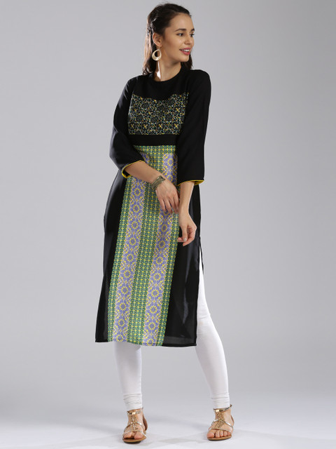 

IMARA Women Black & Green Printed A-Line Kurta