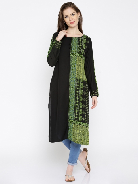 

IMARA Women Black & Green Printed Straight Kurta