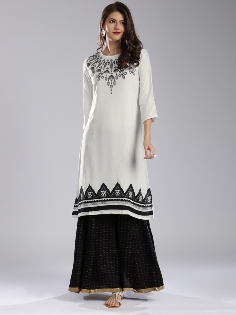 

IMARA Women White Yoke Design A-Line LIVA Kurta