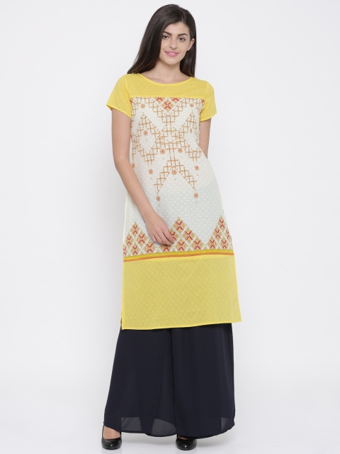 

IMARA Women Yellow & White Printed Straight Kurta