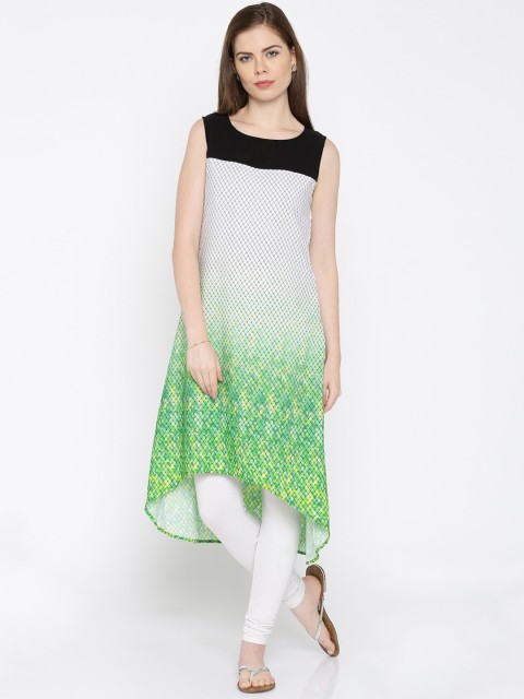 

IMARA Women White & Green Printed A-Line Kurta