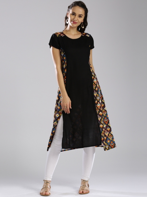 

IMARA Women Black Printed A-Line LIVA Kurta