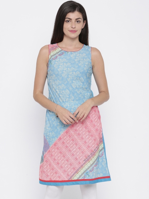 

IMARA Women Blue Printed A-Line LIVA Kurta
