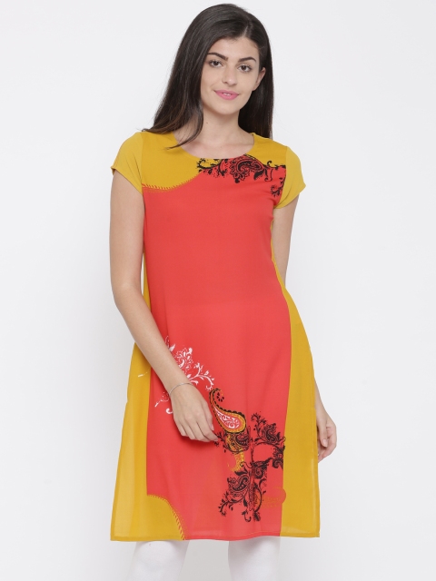 

IMARA Women Mustard Yellow & Red Printed Straight Kurta