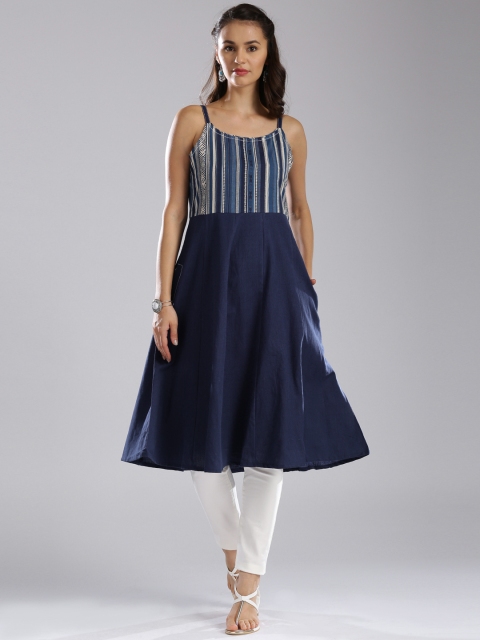 

IMARA Women Navy Blue Yoke Design A-Line Kurta