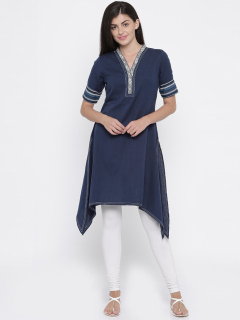 

IMARA Women Navy Shibori Yoke Design A-Line Kurta, Navy blue