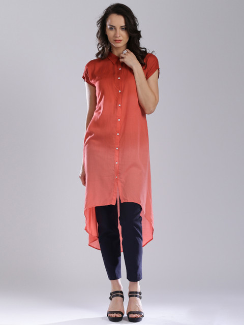 

IMARA Women Red Ombre-Dyed Longline Casual Shirt