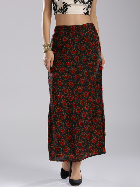 

IMARA Black & Red Floral Print Maxi Skirt