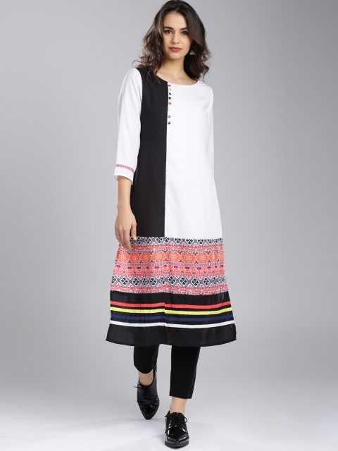 

IMARA Women Black & White Colourblock A-Line Kurta