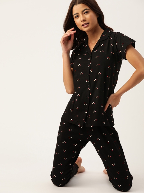 

ETC Women Black & Pink Pure Cotton Ditsy Hearts Printed Pyjamas Set