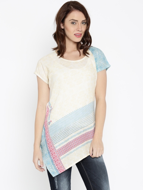 

IMARA Women Cream-Coloured & Pink Printed LIVA Top