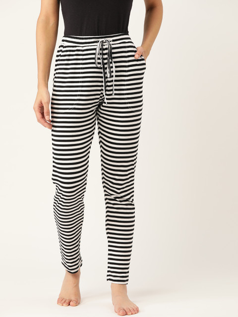 

ETC Women Black & White Striped Pure Cotton Lounge Pants