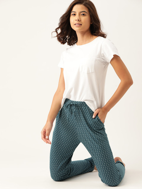 

ETC Women Green & White Printed Cotton Lounge Pants