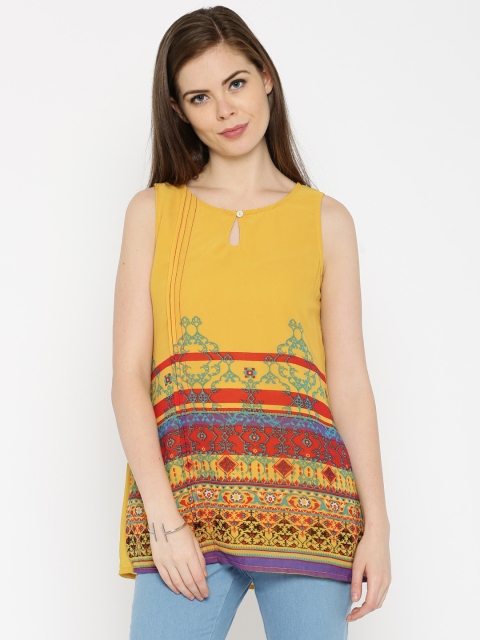 

IMARA Women Mustard Yellow Printed Sleeveless Top