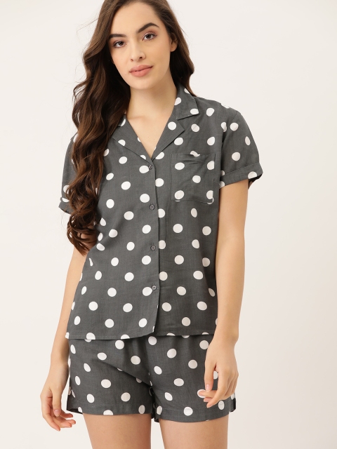 

ETC Women Charcoal & White Polka Dot Printed Night suit