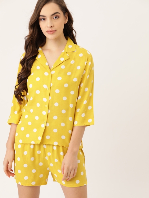 

ETC Women Yellow & White Polka Dot Printed Night suit