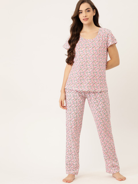 

ETC Women White & Pink Floral Print Pure Cotton Pyjamas Set