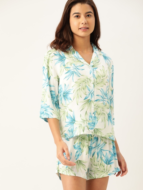 

ETC Women Off White & Blue Tropical Print Shorts Set