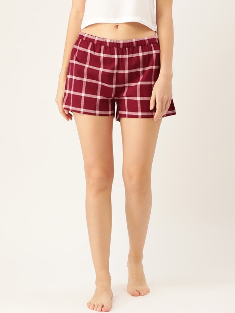 

ETC Women Maroon & Off White Pure Cotton Checked Lounge Shorts