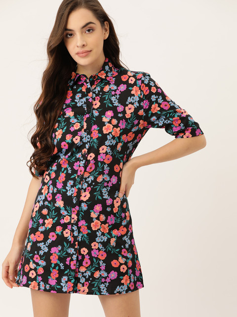 

ETC Women Black & Peach Coloured Floral Print Sleep Shirt
