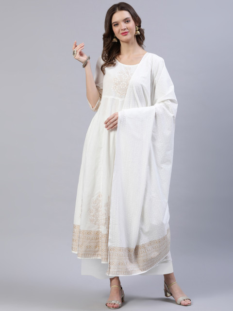 

Nayo Women Off-White & Golden Block Printed Anarkali With Palazzo & Dupatta