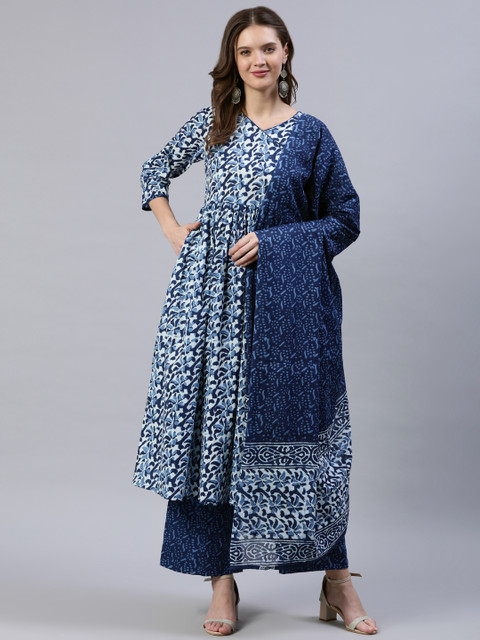 

Nayo Women Blue & Off-White Screen Print Angrakha A-Line Cotton Kurta Set With Dupatta