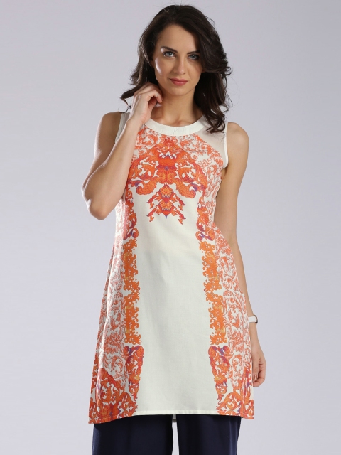 

IMARA Fusion Off-White & Orange Printed LIVA Kurta