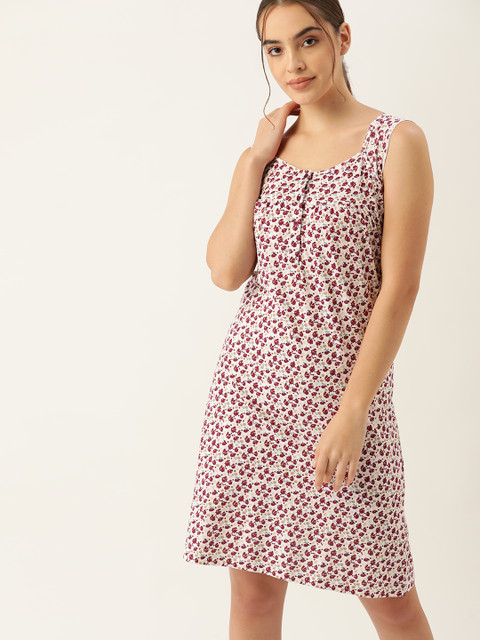 

ETC White & Maroon Floral Print Cotton Nightdress