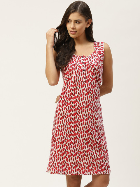 

ETC Women White & Red Pure Cotton Floral Print Sleep Shirt