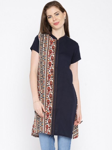 

IMARA Navy & Beige Printed LIVA Kurta, Navy blue