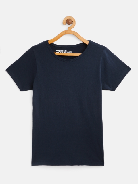 

HERENOW Girls Navy Blue Solid Pure Cotton T-shirt