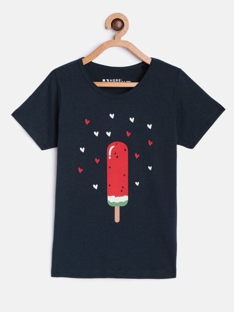 

HERENOW Girls Navy Blue Printed Pure Cotton T-shirt