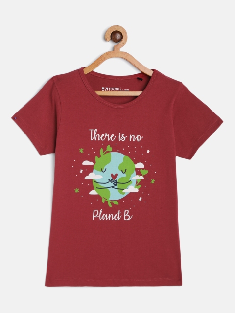

HERENOW Girls Maroon Typography Printed Pure Cotton T-shirt