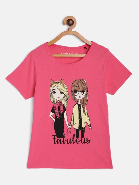 

HERENOW Girls Pink Printed Pure Cotton T-shirt