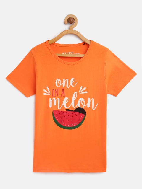 

HERENOW Girls Orange Pure Cotton Printed Pure Cotton T-shirt