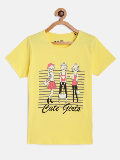 

HERENOW Girls Yellow Black Printed Pure Cotton T-shirt