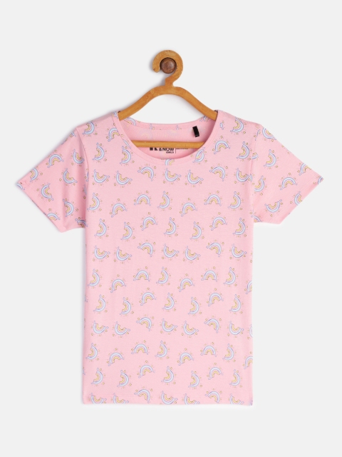 

HERENOW Girls Pink Conversational Printed Pure Cotton T-shirt