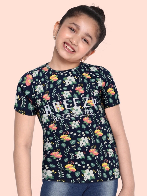 

HERE&NOW Girls Navy Blue Floral Printed T-shirt
